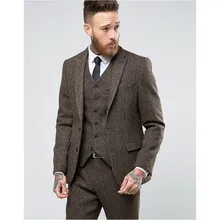 Por Modern Mens Wedding Suits 2017 Custom Made Brown Tweed Suit Mens Formal Skinny Wedding Tuxedo Gentle Modern Blazer 3 Piece