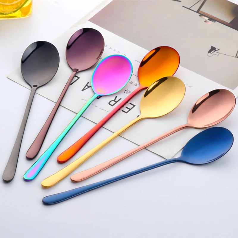 

2PCS Stainless Steel Colourful Spoon Korea Dark Black Soup Spoons Long Handle Gold Spoon Set for Ice Cream gold tableware