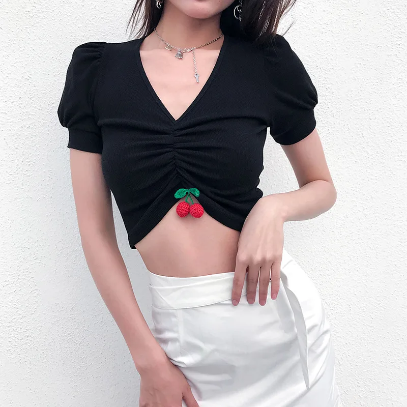 2019 الصيف أعلى Kawaii الكرز الأسود Ruched المحاصيل أعلى نفخة قصيرة الأكمام قصيرة المرأة الخامس الرقبة كشكش المحاصيل أعلى المتناثرة أعلى الصيف