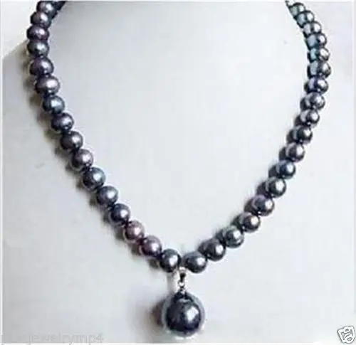 

Jewelry 7-8mm Black Tahitian Pearl Necklace Shell Pearl Drop 18" AAA style Fine Noble real Natural free shipping