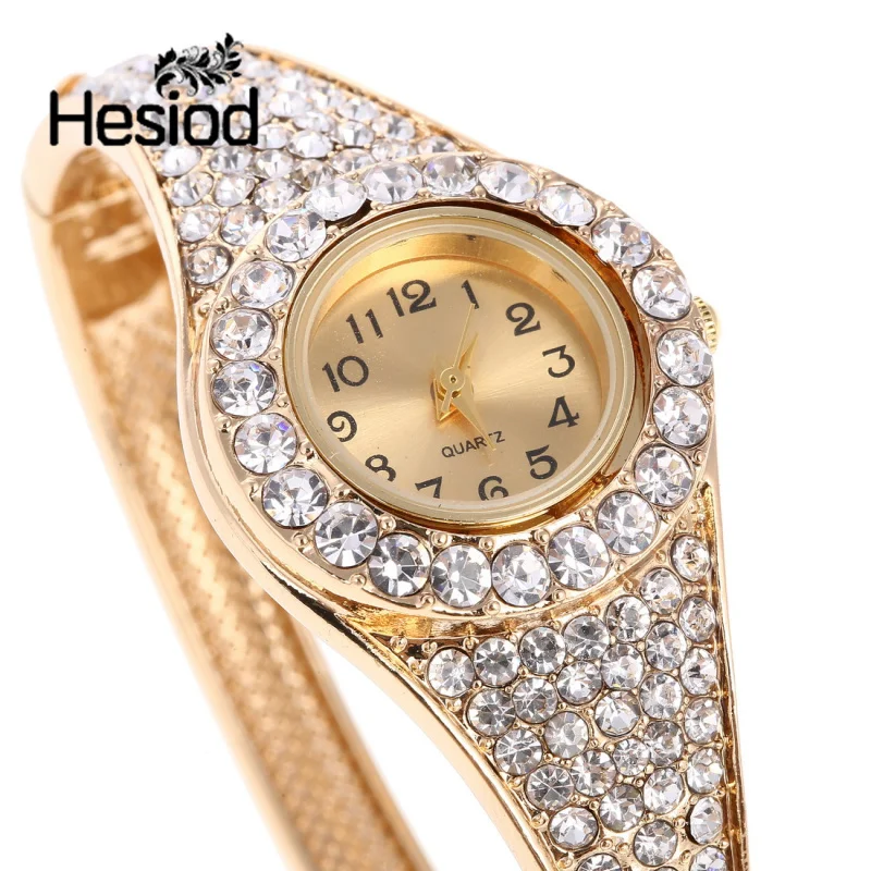 

Hesiod Round Dial Gold Color Crystal Women's Bracelet Cuff Lady Dress Quartz Watch Bangle Casual Wristwatch