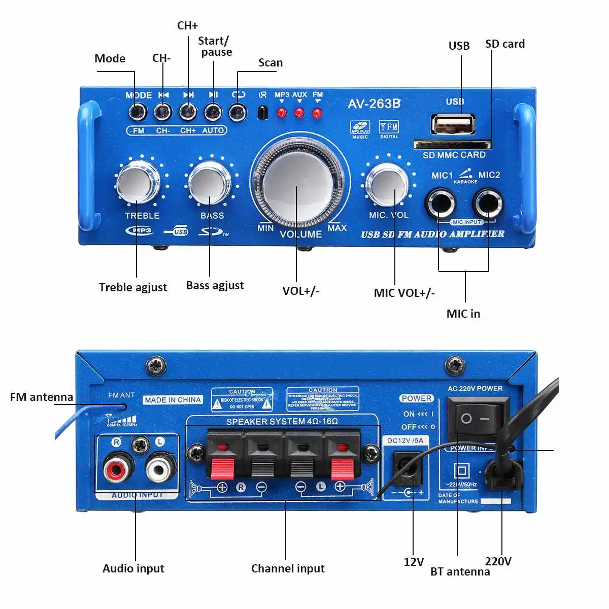 12 В/220 В 600 Вт HIFI 2CH автомобильный bluetooth стерео усилитель мощности музыкальный плеер аудио FM радио домашний кинотеатр усилители с микрофонами