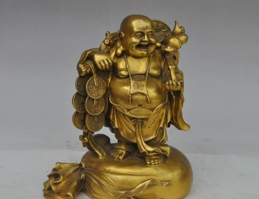 

10"chinese Buddhism brass Ruyi Wealth Money Bag Gourd Maitreya Buddha Statue
