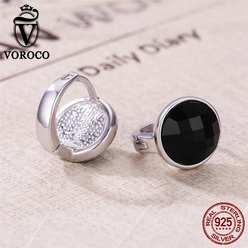 Voroco Аутентичные стерлингового серебра 925 Круглый Chic Черный агат камень Серьги