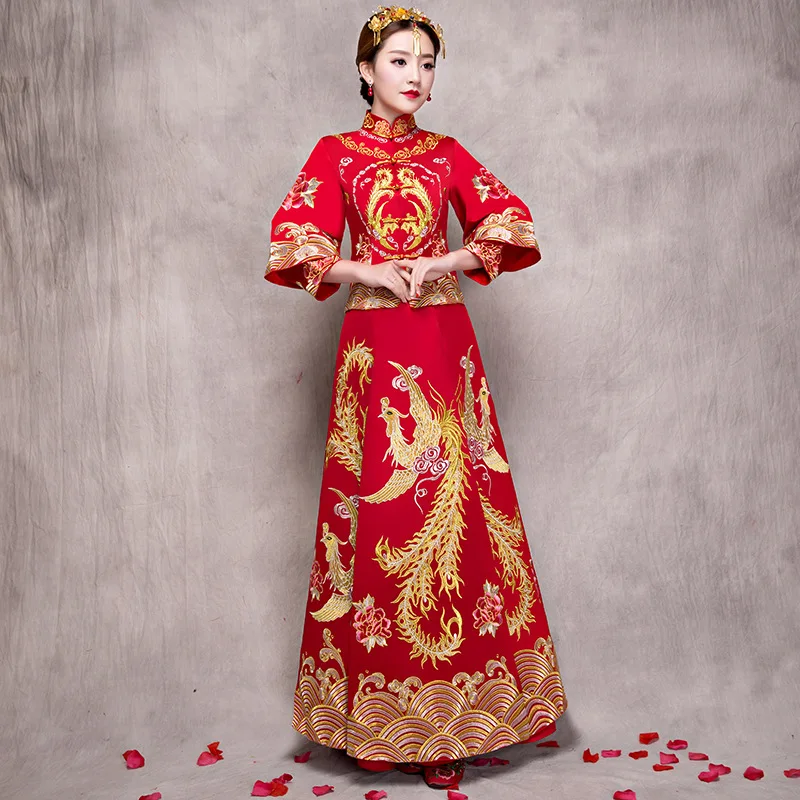 

High Quality Women Full Length Cheongsam Suit Traditional Slim Embroidery Phoenix Qipao Classic Chinese Bride Wedding Dresses