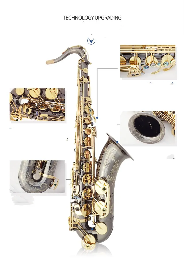 Латунный Bb тенор-саксофон резной узор жемчужно-белая оболочка кнопки духовой инструмент черный никель Золотой тенор саксофон
