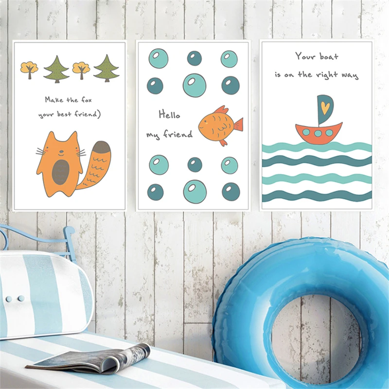 Nordic Watercolor Boat Fish Ocean Cartoon Animal Whale Cat Canvas Painting Scandinavian Wall Picture Kid Room Decor Poster Print