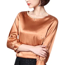 

2020 autumn pink satin shirts women office o-neck blouses lady work wear silk satin top silk shirt bat sleeve blouse plus size