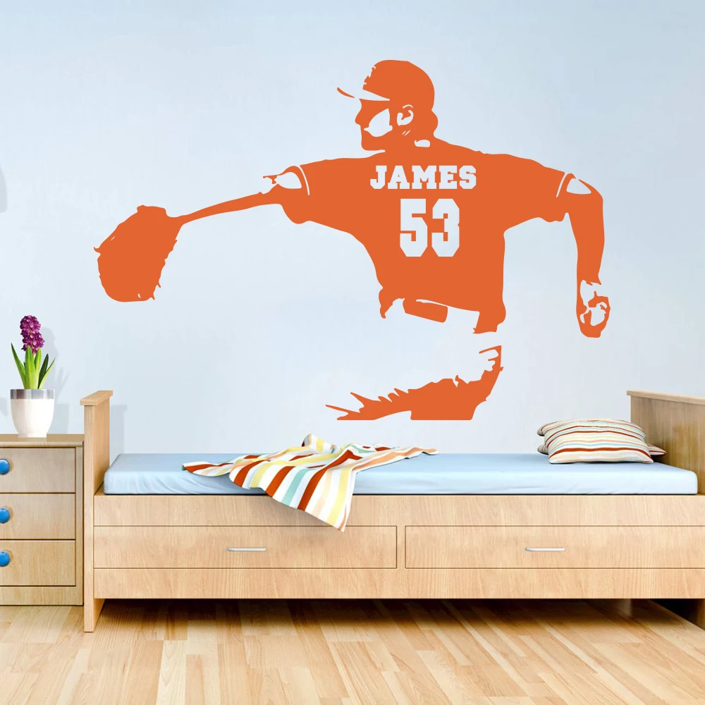 Large Custom Name Baseball Pitcher Number Wall Decal Boy Room Playroom Personalized Name Jersey Number Baseball  Player Sticker (2)