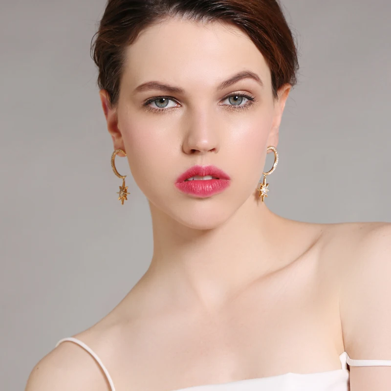 

Fashion 2018 Gold Color 925 Silver Zircon Moon&Star Drop Earrings For Women Charming Gift Handmade Jewelry