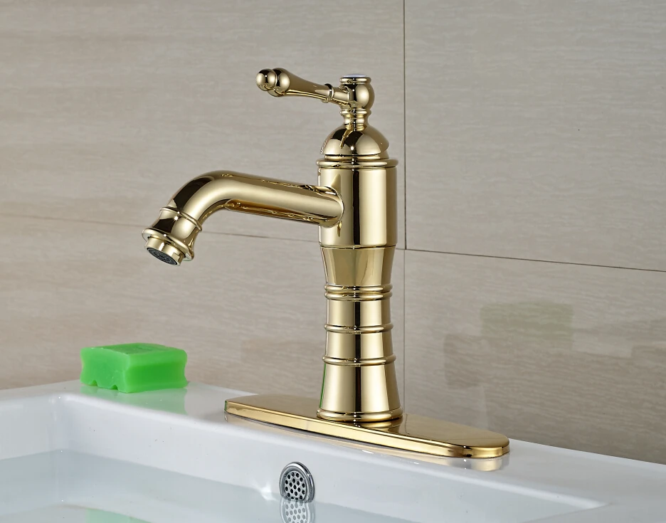 

Free Shipping !Modern Golden Finished Bathroom Basin Faucet Deck Mounted Mixer Tap With Base Plate