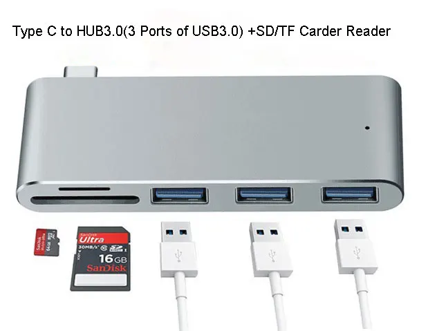 High Speed 5  In 1  USB C TYPE C TO 3*USB 3.0 +SD micro mini TF Card Reader For Macbook Pro Laptop Computer Mobile phone
