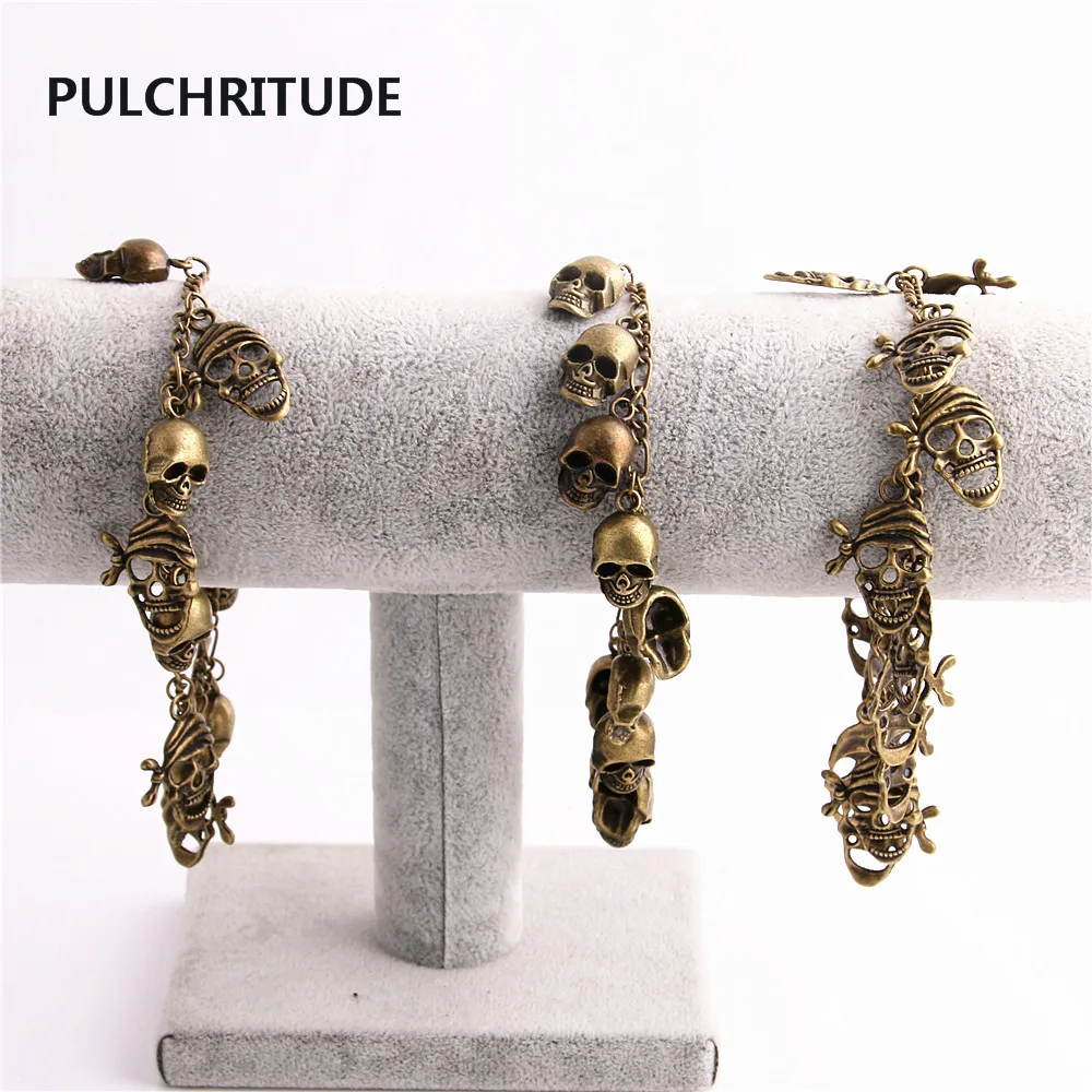 

PULCHRITUDE 1 piece Metal Alloy Zinc Antique Bronze Bracelet Skull Pendant Charm Chain Handmade Diy Jewelry Making C0610