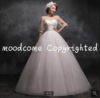 

Vestido De Novia ivory lace beaded ball gown wedding dress half sleeve sheer back sexy pearls wedding gowns hot sale