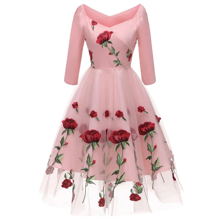

2018 new fashion rose embroidered dress Restoring ancient ways Bud silk dress women vestidos vintage dress
