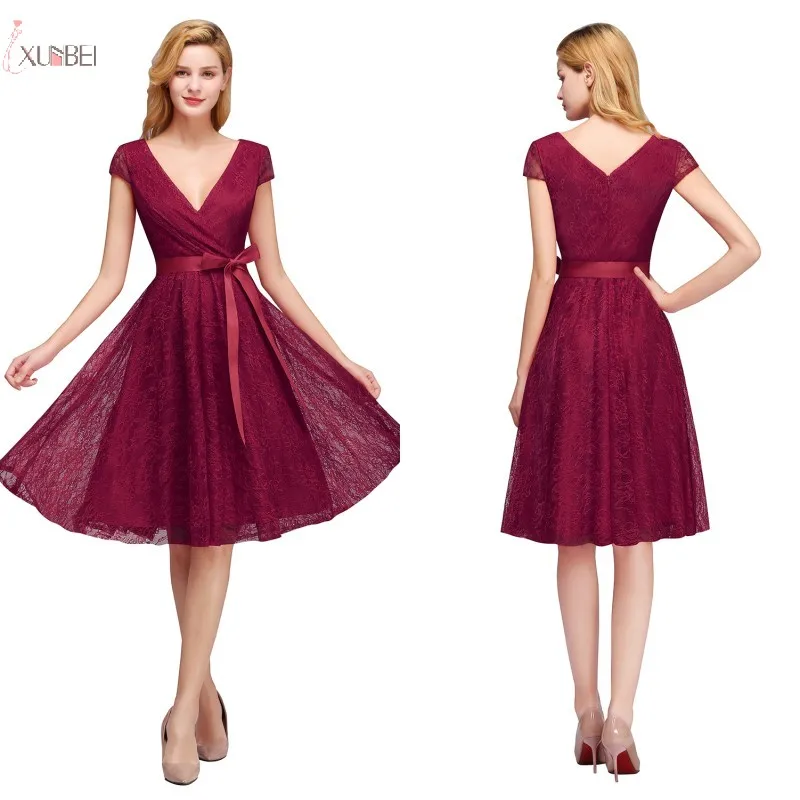 

In Stock Burgundy V Neck Sexy Lace Short Bridesmaid Dresses 2019 Plus Size A line Sleeveless Wedding Party Gown