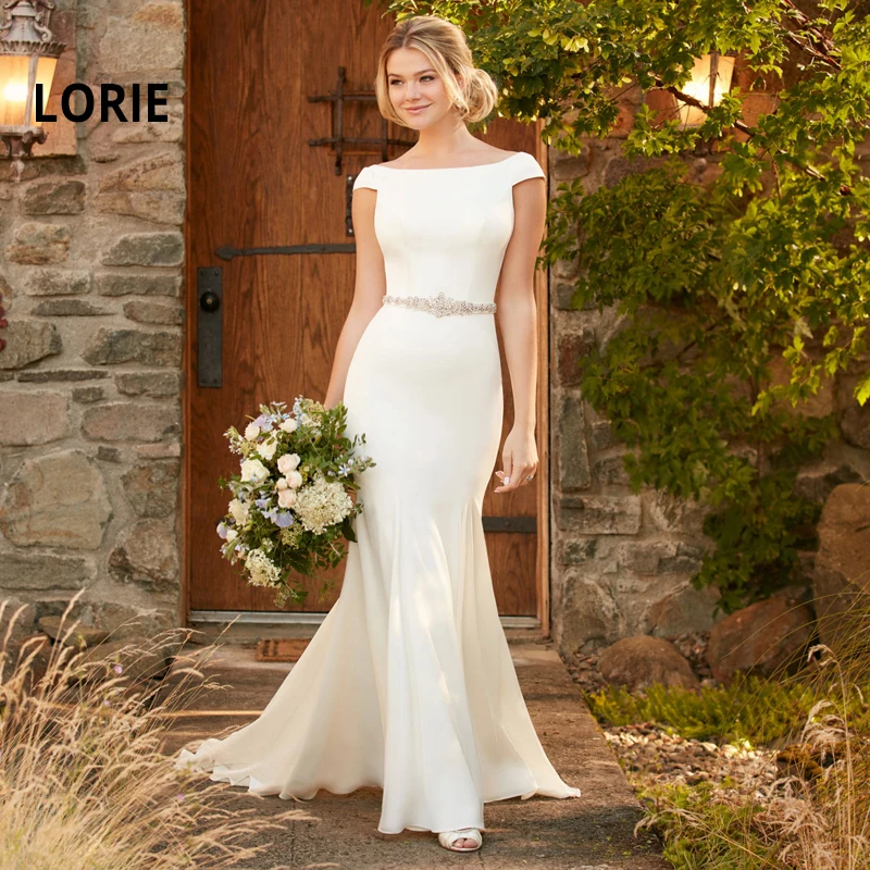 

LORIE Boat Neck Simple Wedding Dresses Cap Sleeve and Deep-V Back Wedding Gowns Stain with Belt Bridal Dress Vestidos de novia