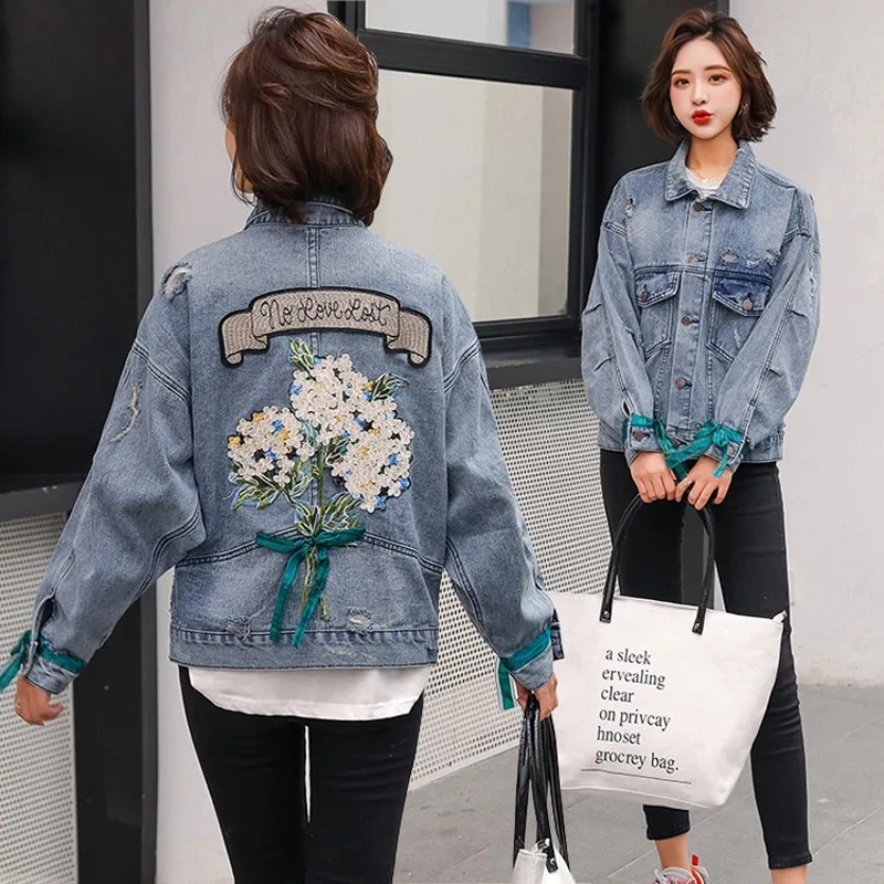 

New Coat Women Appliques Pockets Jean denim Coat Jackets Bow Embroidery Spring Autumn 9CT0035