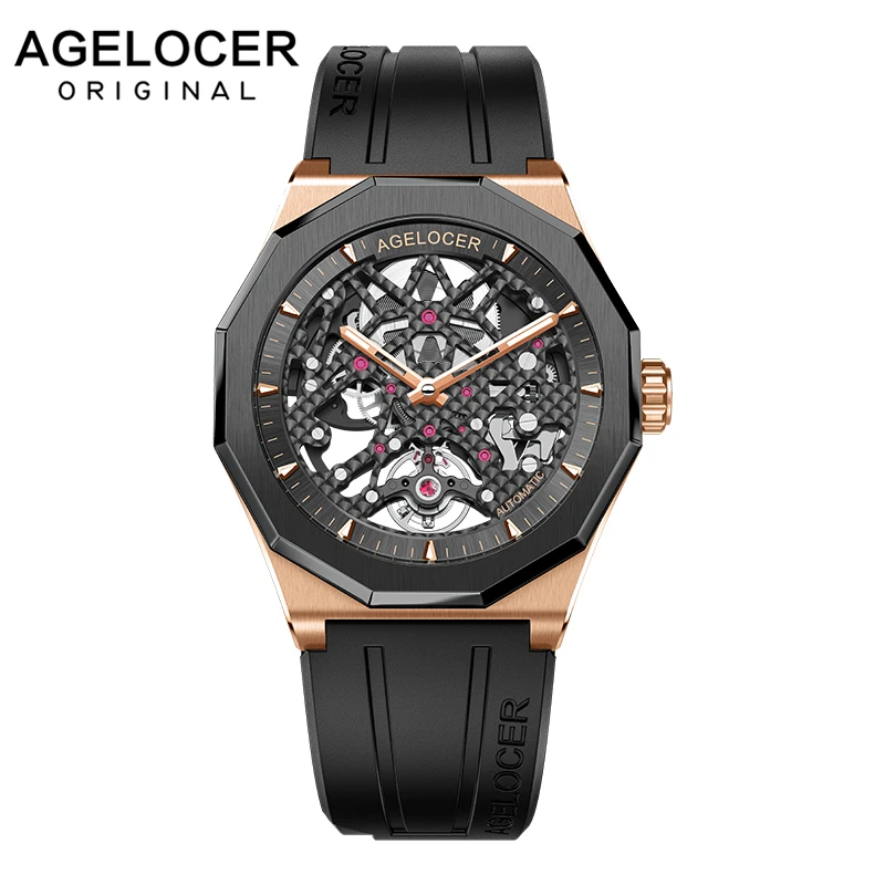 Agelocer Top Brand Luxury Rose Gold Skeleton 80 Hours Power Reserve Automatic Watches Rubber Strap Men Clock 6001H1-R