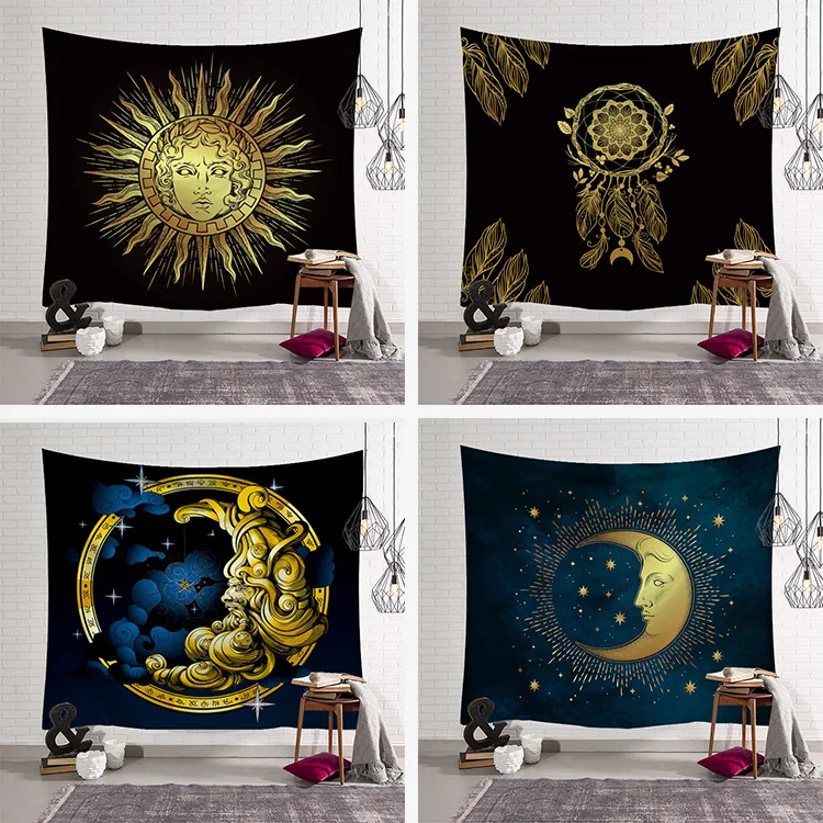 Golden Moon Sun Tapestry Fabric Decor Blanket Yoga Sleeping Mat Large150x130cm Beach Towel Carpet Psychedelic tapestry Wall Rug