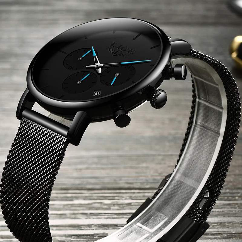 LIGE Fashion Mens Watches Top Brand Luxury Quartz Watch Men Slim Mesh Steel Waterproof Sport Chronograph Watch Relogio Masculino