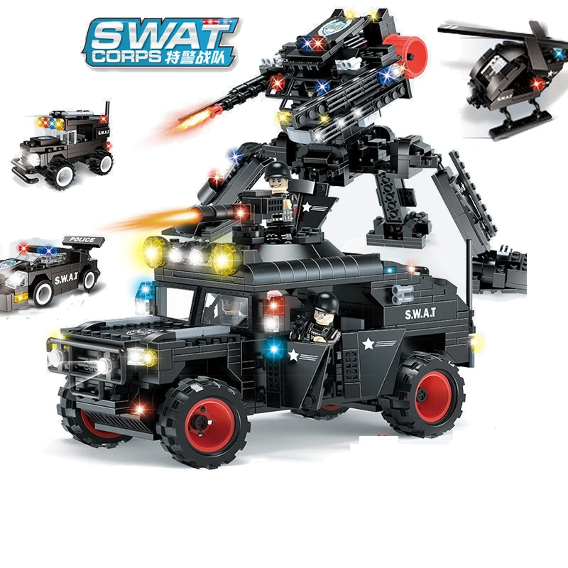 

605pcs Children's educational building blocks toy Compatible Legoings city SWAT team 2 in 1 armed Hummer cross-country chariot