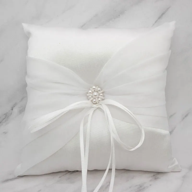 

White Satin Wedding Ring Pillow Organza Faux Pearl Decorative Cushion Bearer Ceremony Marriage Pocket With Ribbon 20x20cm