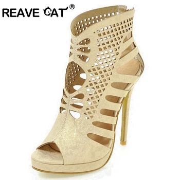 

REAVE CAT Shoes woman High heels Ladies pumps Peep toe Platform Zipper PU Femal Black White Gold Plus size 30-48 Female A1834