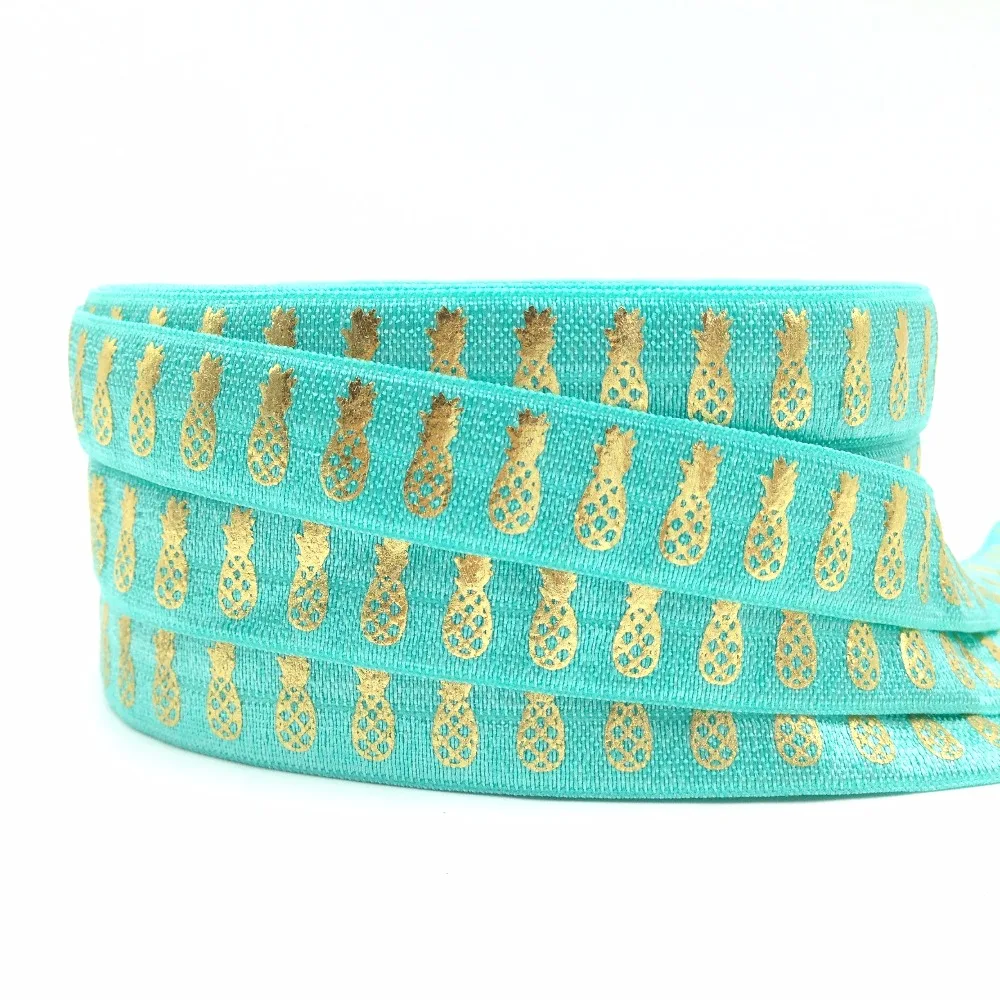 

10 Yard Hot Sale Gold Foil Pineapples Print Fold Over Elastic 5/8" Blue FOE Ribbon for Girl Hair Tie DIY Headwear Hair Accessory