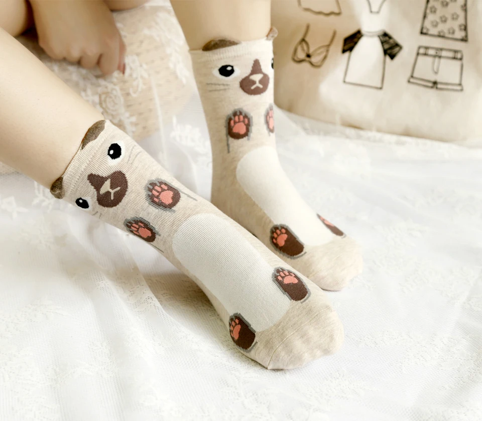 Funny Cute Cat Cartoon Women Socks Autumn Winter Lady's Sock korean Fashion Candy Color Creative Warm socks White Yellow Gray (15)