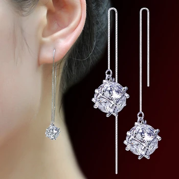 

Silver Colour high quality Cubic Zirconia square cube sugar cube Ms. long paragraph tassel earrings popular jewelry 94MM