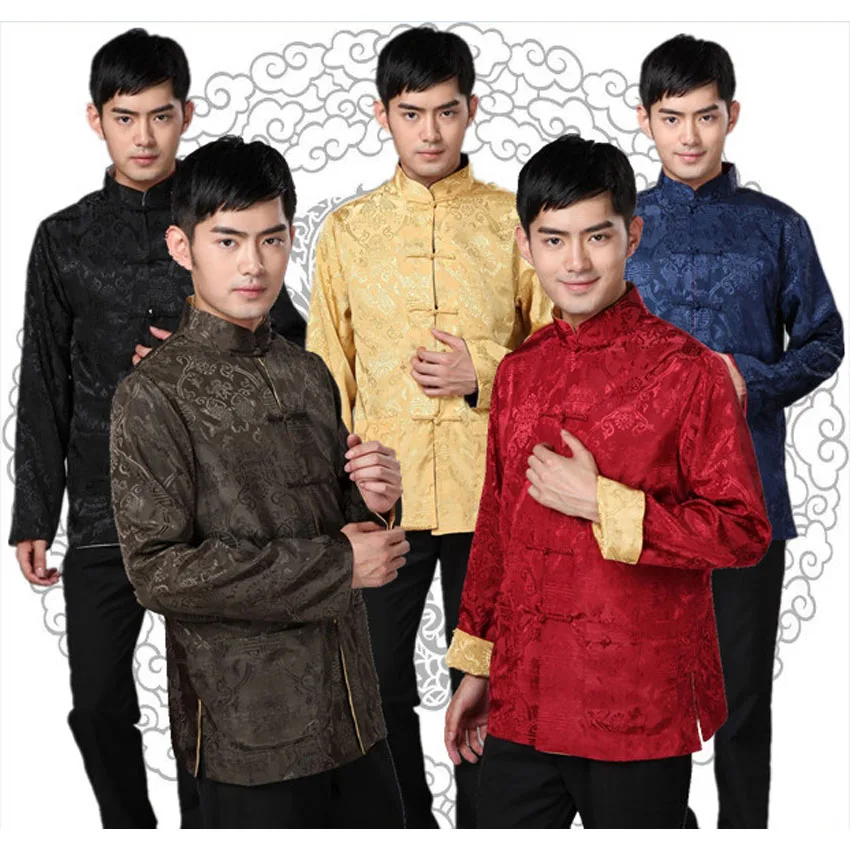 

Chinese Traditional Costumes Men Shirt Wedding Party Wear Chinese New Year Kungfu Clothing Full Sleeve Both Sides Shirt