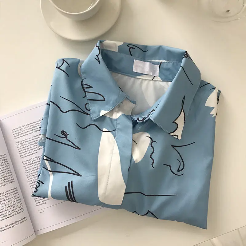 Korobov Harajuku Printing Blouse Korean Causal Shirt 2019 Summer Short Sleeve Turn-down Collar Shirts Woman Blusas Tops 35794