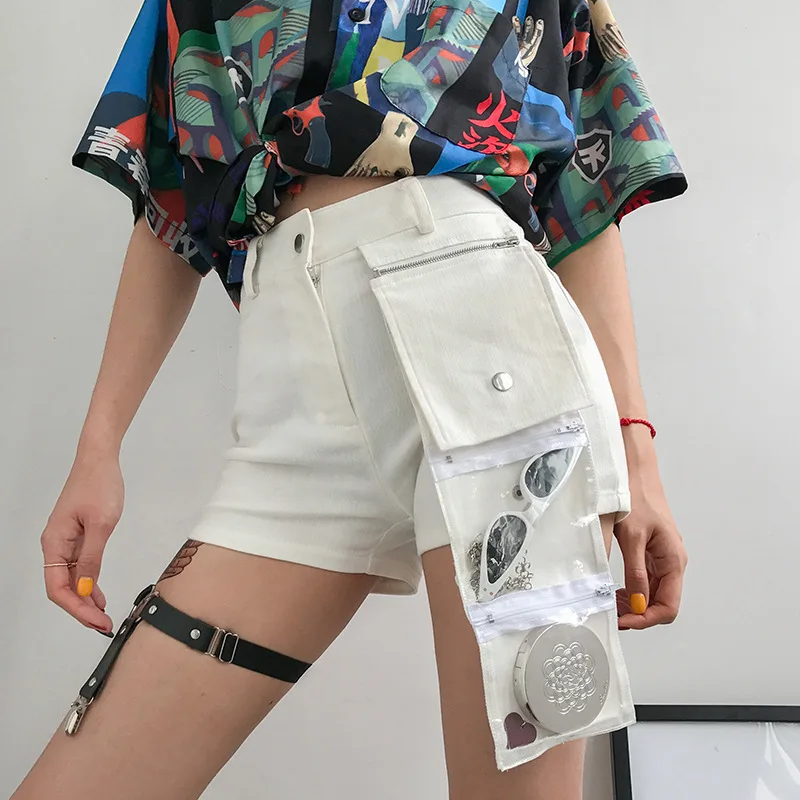 

Streetwear Women Pockets White Cargo Shorts With Belt High Waist Short Pants Female Spring Summer Casual Sashes Straight Bottoms
