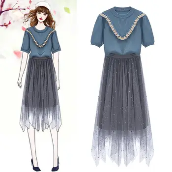 

Knit Set Women Short Sleeve Frill Ruffle Sweater and High Waist Glitter Shining Tulle Mesh Skirt two piece skirt set