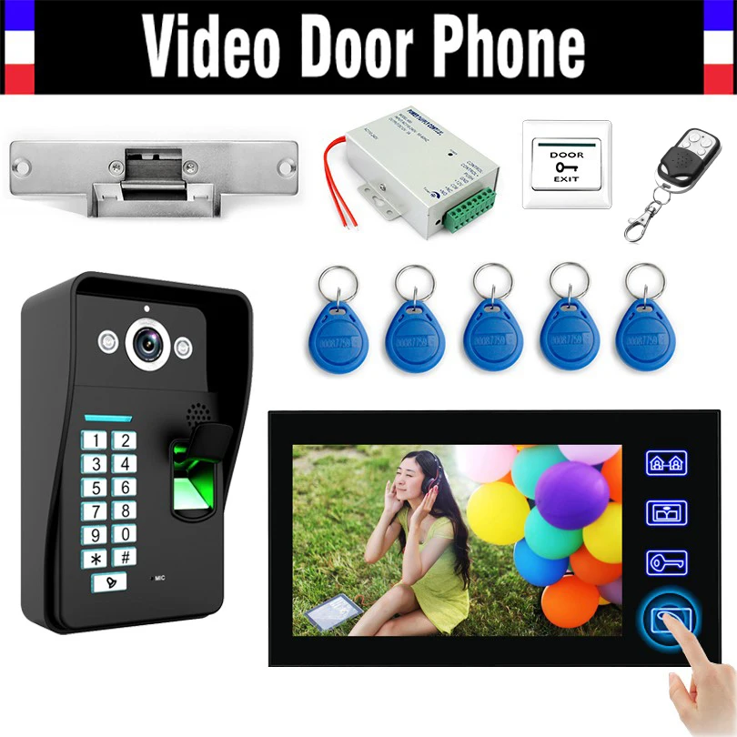 Wired 7'' Touch Video Door Phone Intercom Doorbell Kits Fingerprint ID Keyfobs password keypad Electronic Strike Lock Doorphone