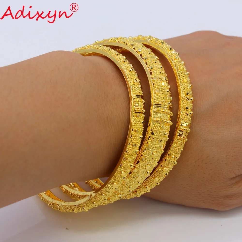 Adixyn 3Pcs Mix 7cm/2.8inch Dubai Bangles For Women Gold Color Bracelets Ethiopian/Arab/Middle East Party Gifts N07012