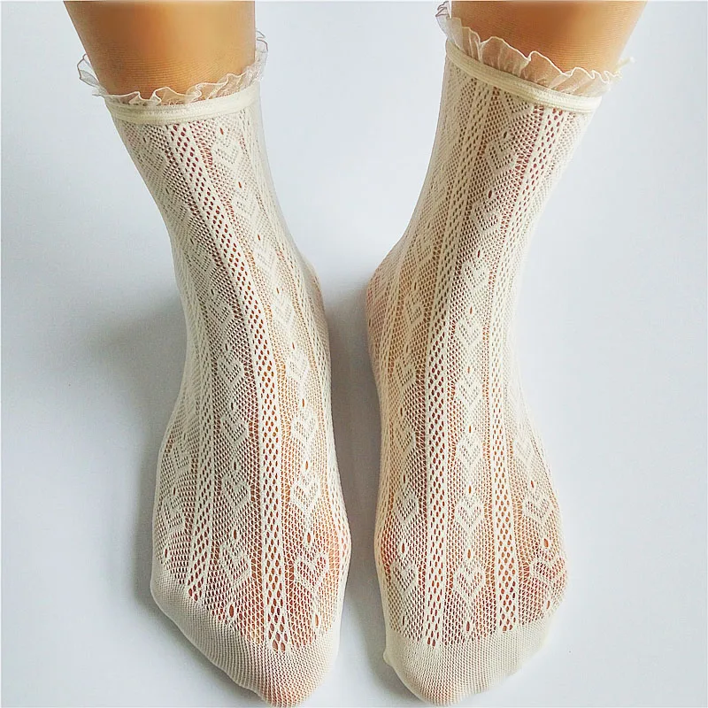 Harajuku кружевные носки с оборками, носки в сетку, гетры Лолита, милые, с вырезами, в виде сердца, бежевые, sox, женские кружевные носки, 10 пар/лот