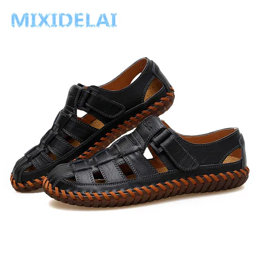 MIXIDELAI 여름 남성 샌들, 2023 레저 비치 슈즈, 고품질 정품 가죽 샌들, 빅 사이즈 39-47 5