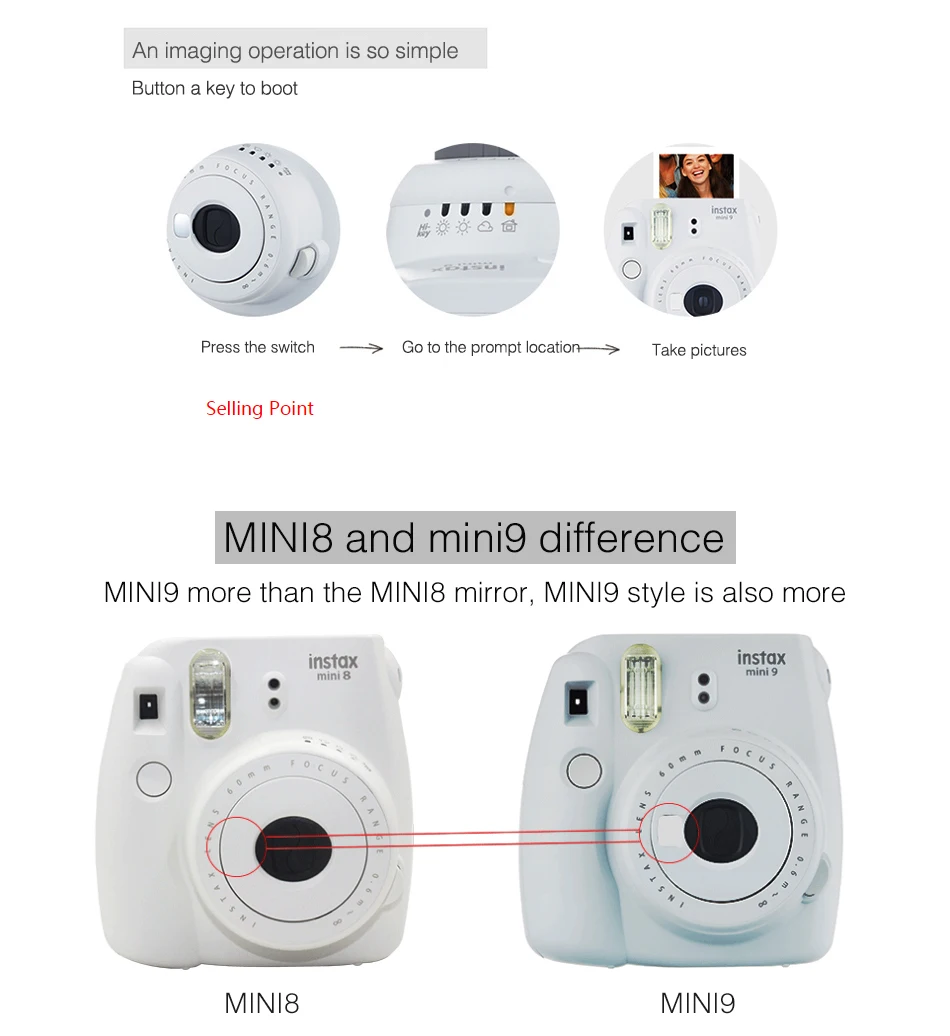 Подлинный Fujifilm Instax Mini 9 камера Fuji мгновенная обновленная мини 8 пленка фото камера селфи объектив+ крупным планом объектив 5 цветов