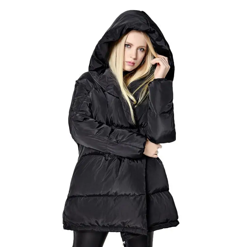 FTLZZ зимние женские куртки 90% белые пуховики свободного размера плюс пальто с капюшоном средней длины теплая Повседневная розовая Зимняя верхняя одежда - Цвет: black