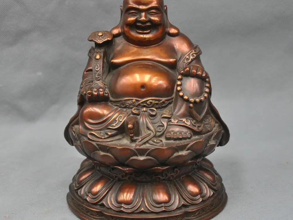 

8" China Maitreya Buddha Happy Monk Hold Ruyi Bronze Statue