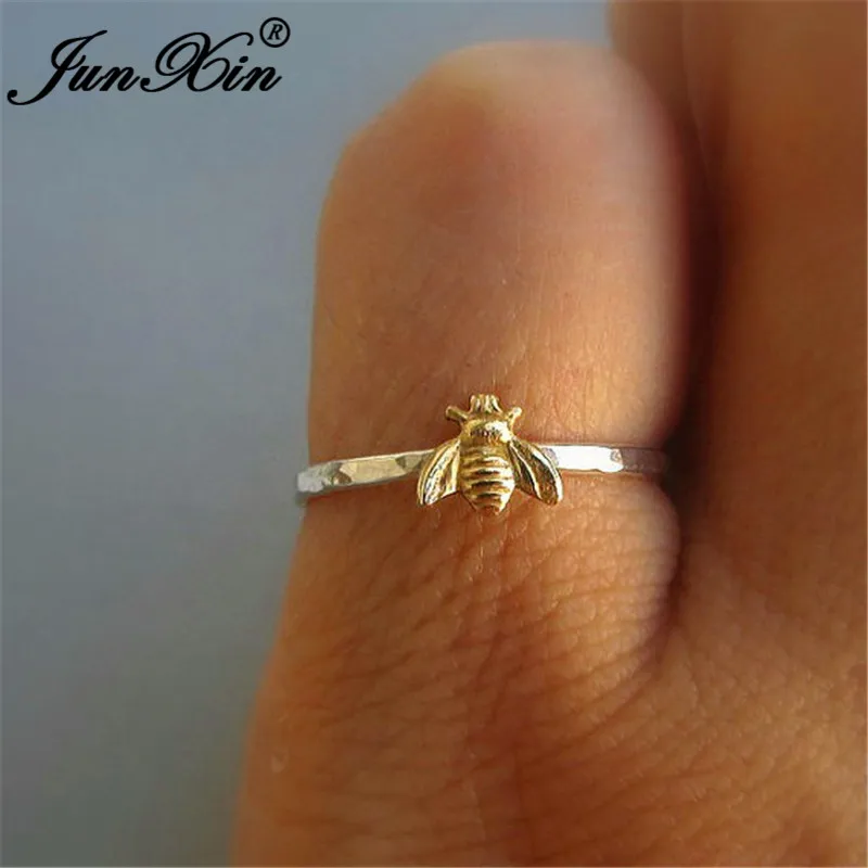JUNXIN Female Male Cute Small Gold Bee Rings For Women Men 925 Silver Filled Stackable Joint Midi Ring Minimalist Jewelry Gifts
