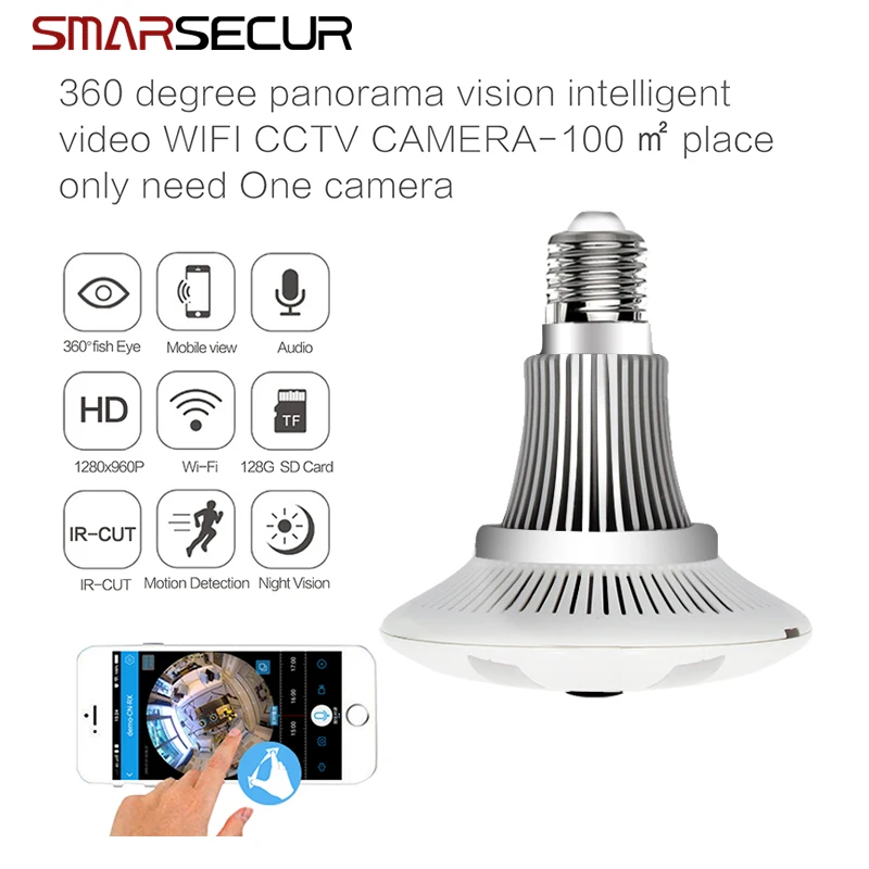 SMARSECUR 360 градусов Лампа IP камера беспроводная Wifi Рыбий глаз объектив 1080P HD лампа