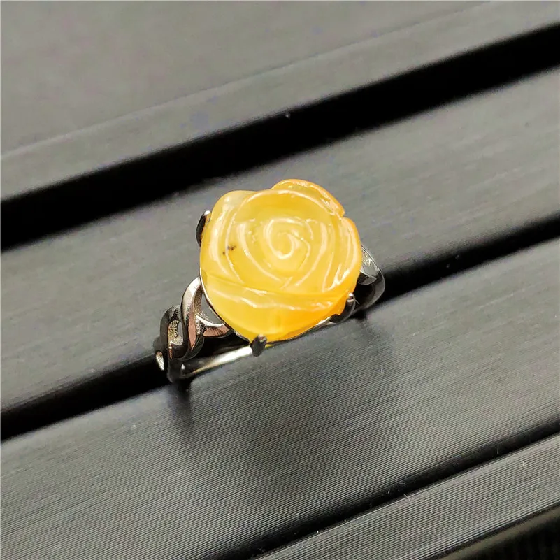 Natural Yellow Amber Gemstone Ring Flower Shape Adjustable 925 Sterling Silver For Woman Man Fashion Wedding Engagement Ring