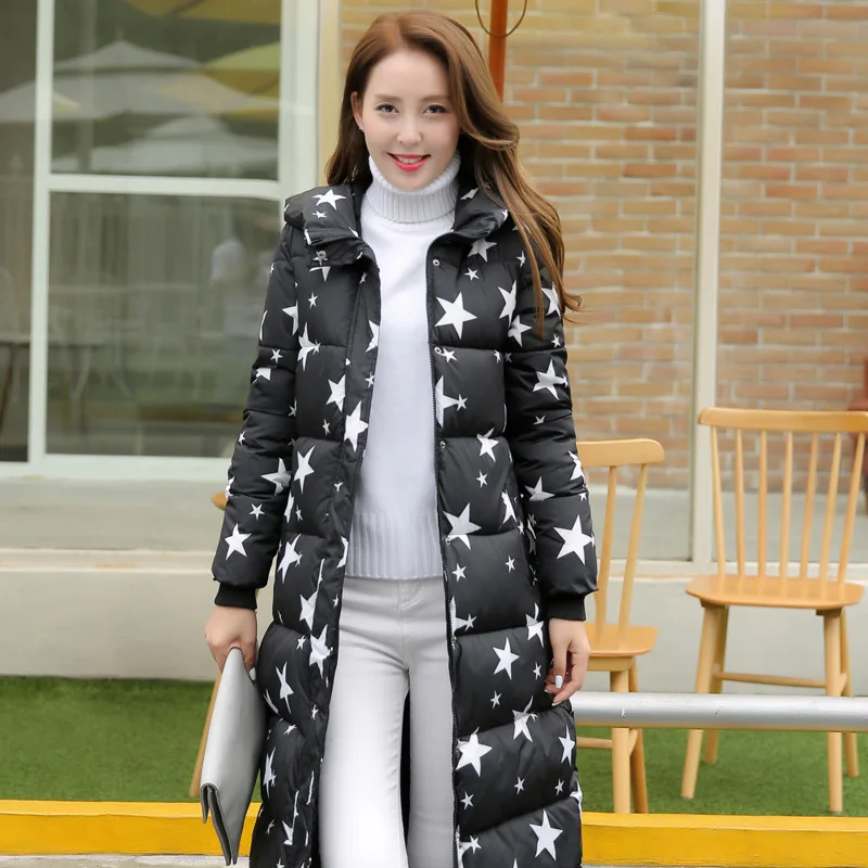 2016 Women Star Pattern Printed Winter Coat Wadded Jacket X long Hooded Plus Size 3xl Parka