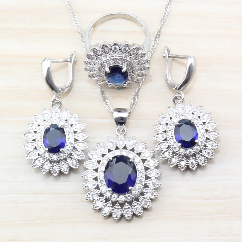 

925 Sterling Silver Austrian Rhinestones Blue Zircon Women Trendy Accessories Jewelry Sets Earrings/Necklace/Pendant/Ring A90