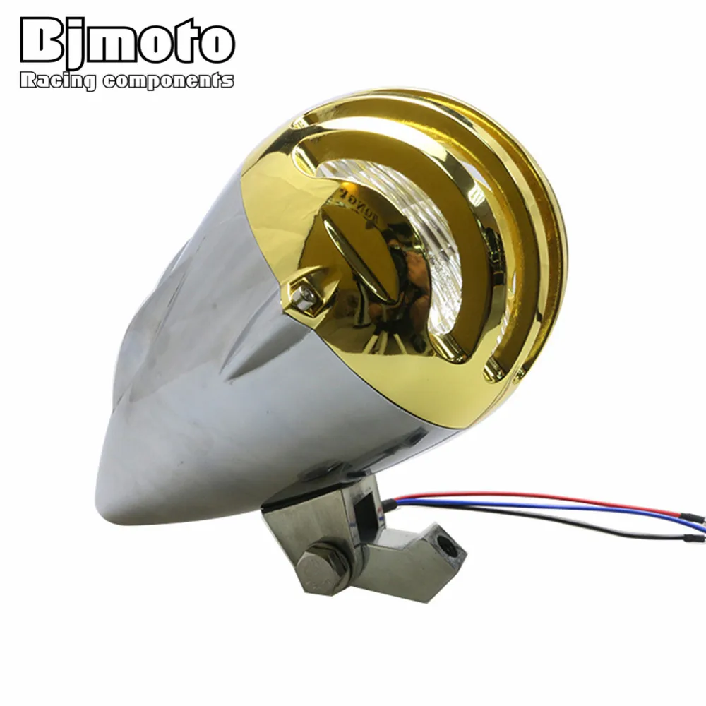 

BJMOTO Motorcycle New Chrome/Gold LED Bullet Headlight For Harley Custom Old School Bobber/Cruiser/Chopper Models