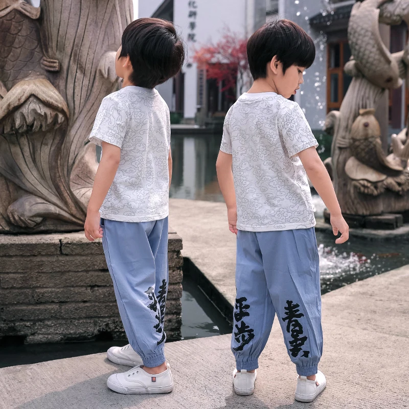 Hanfu/Китайская одежда для мальчиков; древний Топ и штаны; Национальный костюм; летняя традиционная китайская одежда династии Тан; DQS1663
