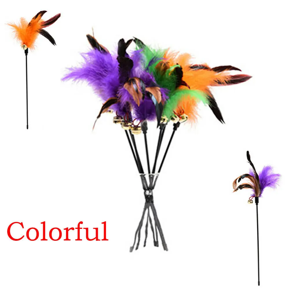 

New Multicolor Cat Kitten Teaser Funny Turkey Feather Bell Interactive Stick Toy Wire Chaser Wand Pet